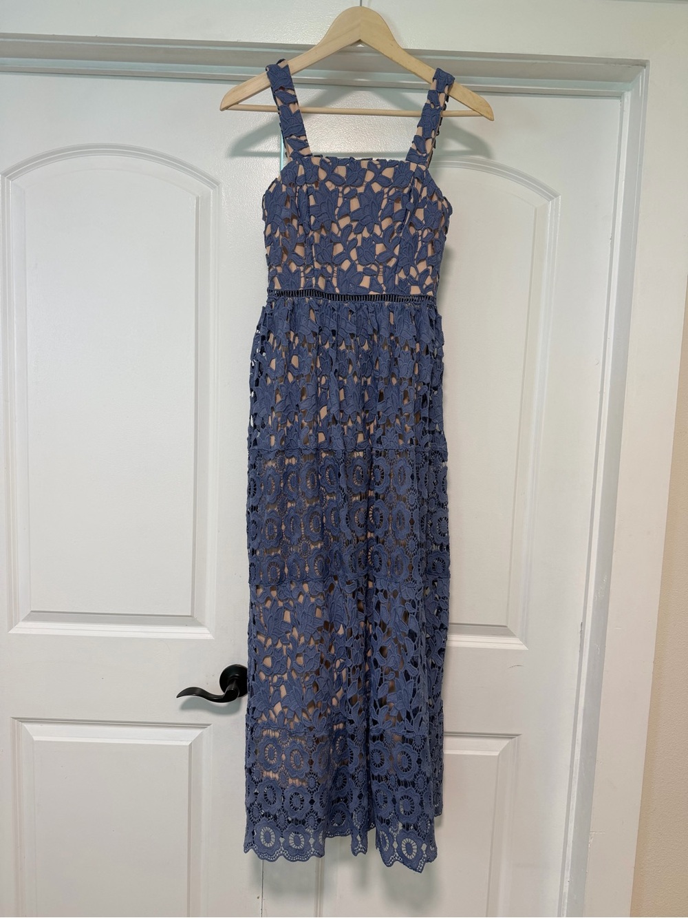 Gianni Bini Slate Blue Crochet Lace Maxi Dress with Thick Strap Vacation Quality
